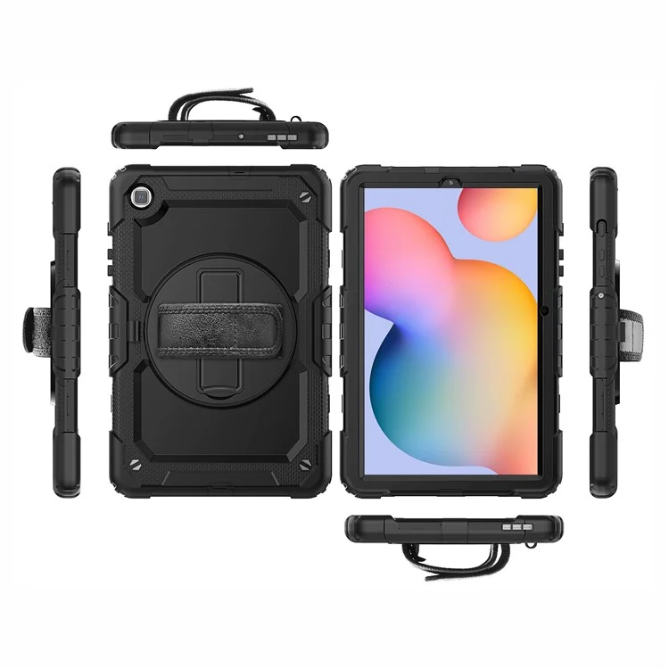 For Samsung Galaxy Tab S6 Lite P610 / P615 / S6 Lite (2022) Rotary Kickstand Hand Strap PC + Thickened Silicone Tablet Case with Shoulder Strap - All Black-Cellmalls