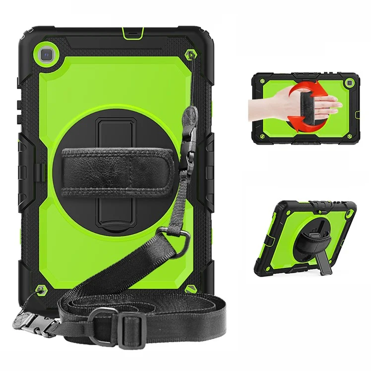 For Samsung Galaxy Tab S6 Lite P610 / P615 / S6 Lite (2022) Rotary Kickstand Hand Strap PC + Thickened Silicone Tablet Case with Shoulder Strap - All Black-Cellmalls