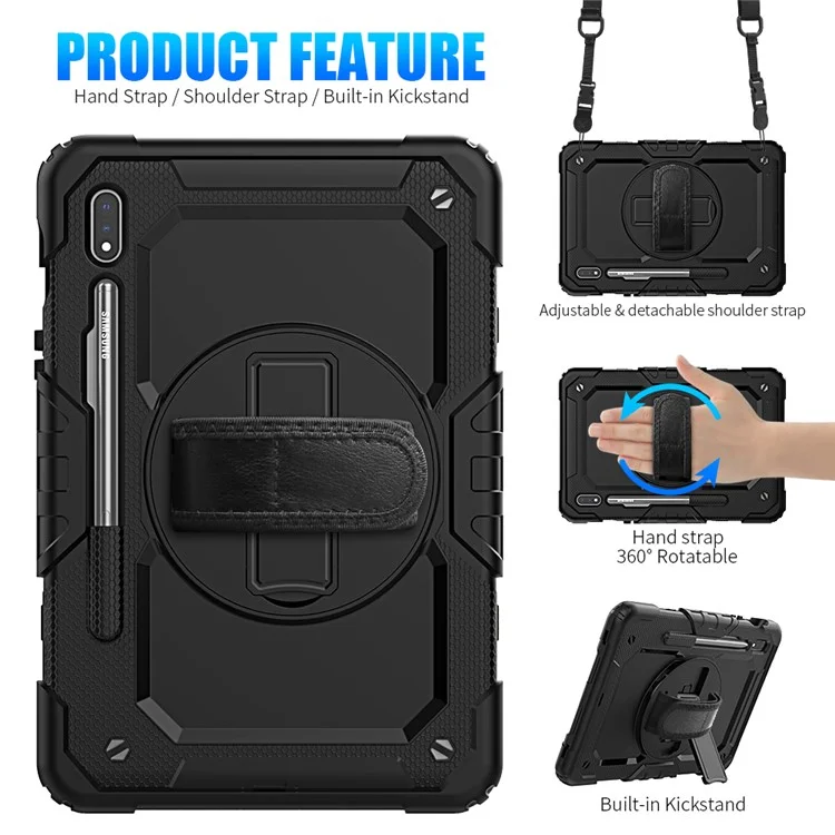 For Samsung Galaxy Tab S7 / S8 [Built-in Hand Holder Strap] 360° Swivel Kickstand PC + Silicone Tablet Hybrid Shell with Shoulder Strap and Pen Slot - All Black-Cellmalls