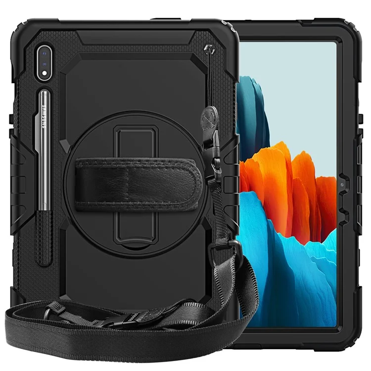 For Samsung Galaxy Tab S7 / S8 [Built-in Hand Holder Strap] 360° Swivel Kickstand PC + Silicone Tablet Hybrid Shell with Shoulder Strap and Pen Slot - All Black-Cellmalls