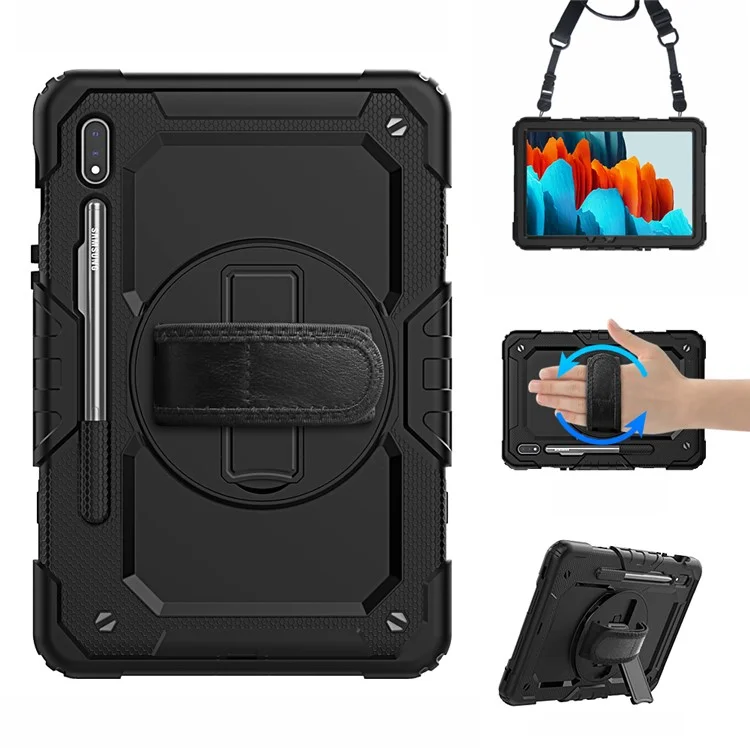 For Samsung Galaxy Tab S7 / S8 [Built-in Hand Holder Strap] 360° Swivel Kickstand PC + Silicone Tablet Hybrid Shell with Shoulder Strap and Pen Slot - All Black-Cellmalls