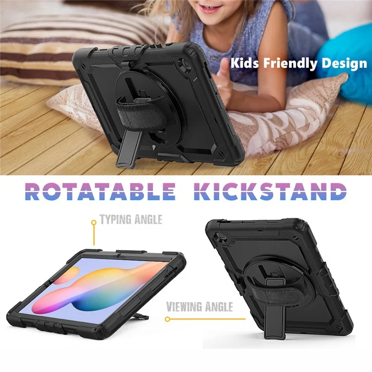 For Samsung Galaxy Tab S6 Lite P610 / P615 / S6 Lite (2022) Rotary Kickstand Hand Strap PC + Thickened Silicone Tablet Case with Shoulder Strap - All Black-Cellmalls