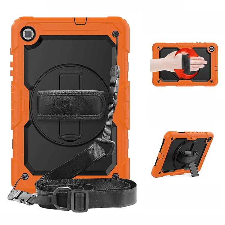 For Samsung Galaxy Tab S6 Lite P610 / P615 / S6 Lite (2022) Rotary Kickstand Hand Strap PC + Thickened Silicone Tablet Case with Shoulder Strap - All Black-Cellmalls