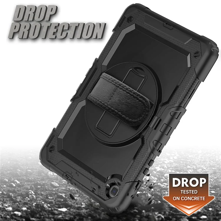 For Samsung Galaxy Tab S6 Lite P610 / P615 / S6 Lite (2022) Rotary Kickstand Hand Strap PC + Thickened Silicone Tablet Case with Shoulder Strap - All Black-Cellmalls