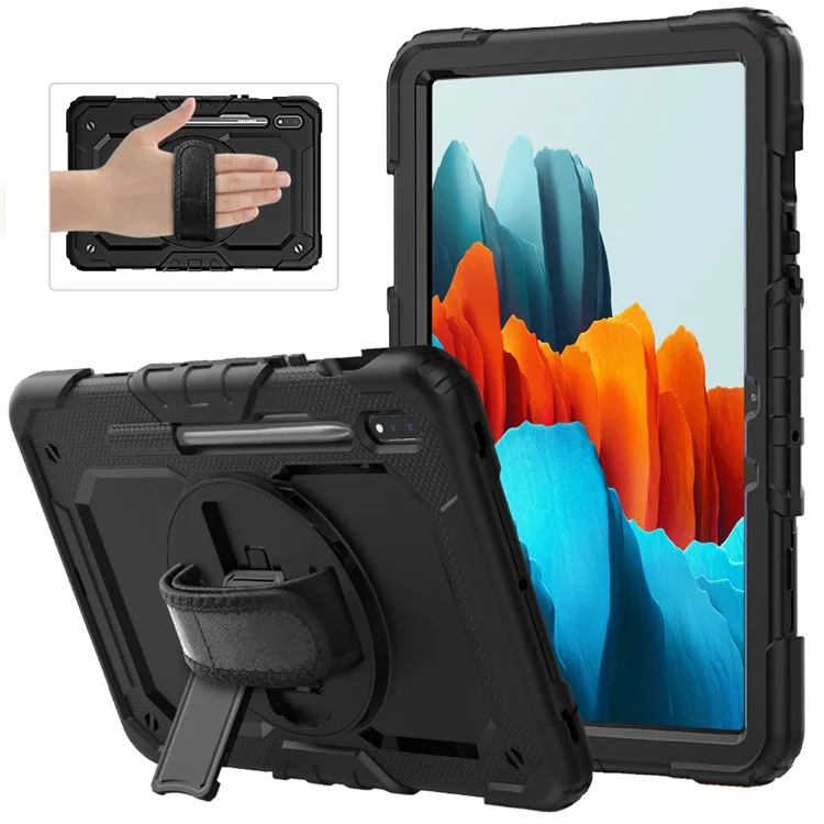 For Samsung Galaxy Tab S7 / S8 [Built-in Hand Holder Strap] 360° Swivel Kickstand PC + Silicone Tablet Hybrid Shell with Shoulder Strap and Pen Slot - All Black-Cellmalls