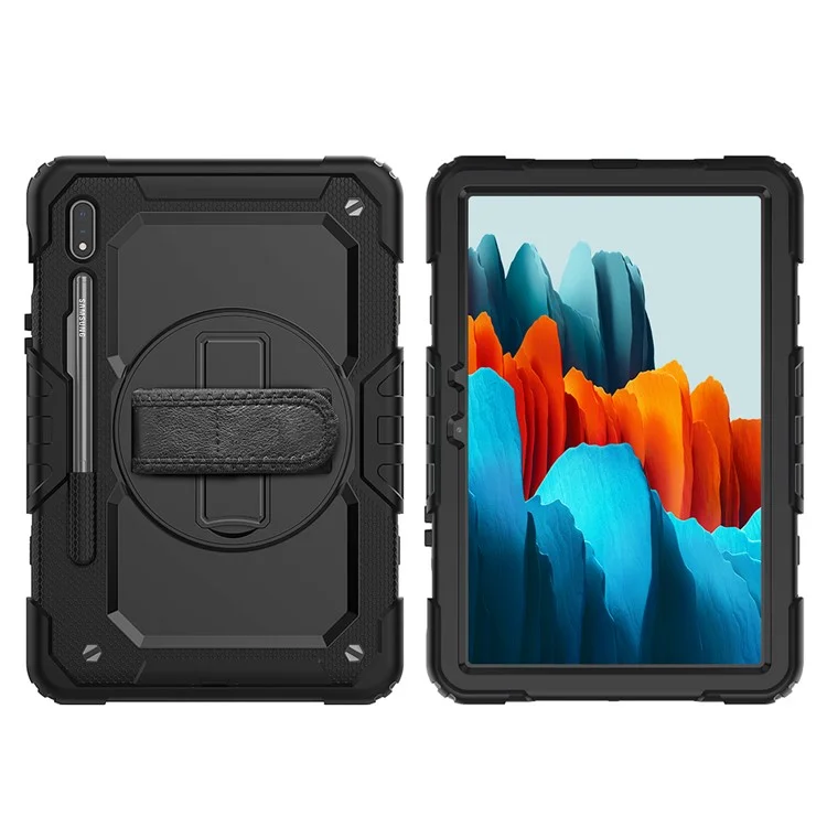 For Samsung Galaxy Tab S7 / S8 [Built-in Hand Holder Strap] 360° Swivel Kickstand PC + Silicone Tablet Hybrid Shell with Shoulder Strap and Pen Slot - All Black-Cellmalls