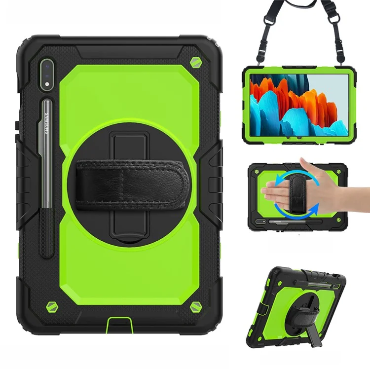For Samsung Galaxy Tab S7 / S8 [Built-in Hand Holder Strap] 360° Swivel Kickstand PC + Silicone Tablet Hybrid Shell with Shoulder Strap and Pen Slot - All Black-Cellmalls