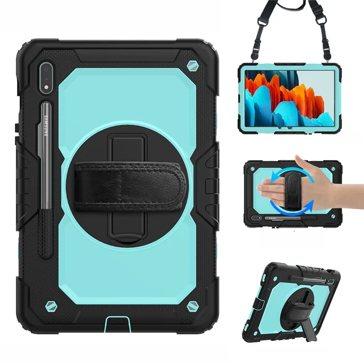 For Samsung Galaxy Tab S7 / S8 [Built-in Hand Holder Strap] 360° Swivel Kickstand PC + Silicone Tablet Hybrid Shell with Shoulder Strap and Pen Slot - All Black-Cellmalls