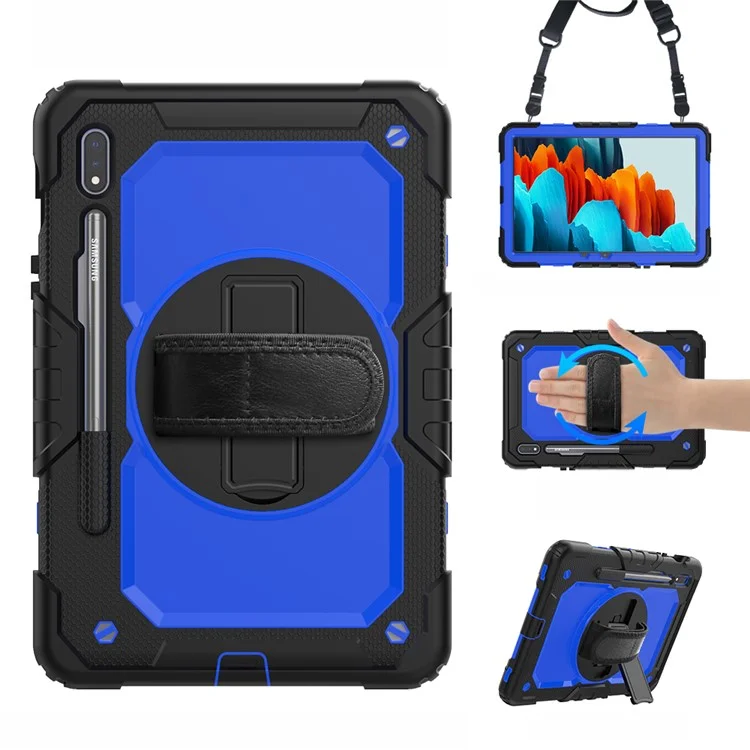 For Samsung Galaxy Tab S7 / S8 [Built-in Hand Holder Strap] 360° Swivel Kickstand PC + Silicone Tablet Hybrid Shell with Shoulder Strap and Pen Slot - All Black-Cellmalls