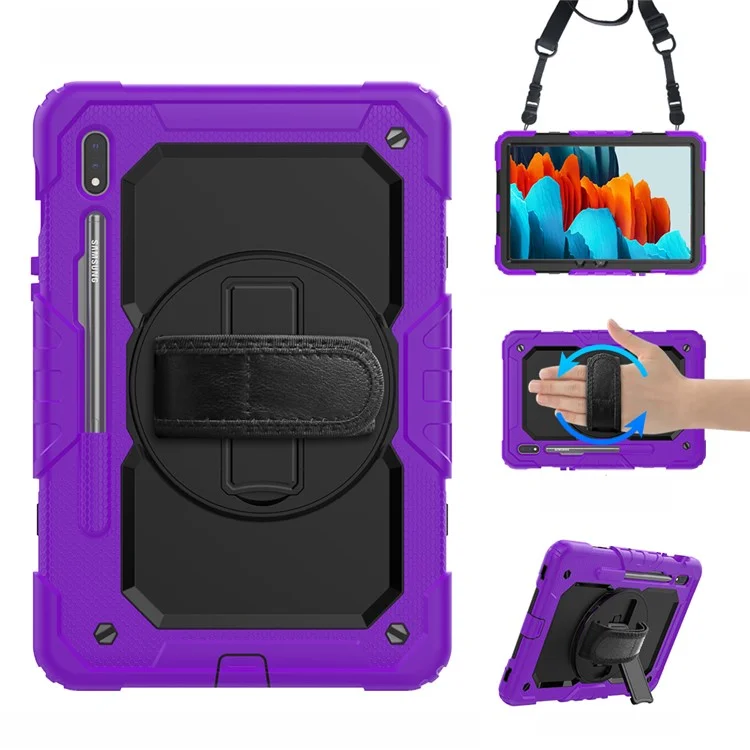 For Samsung Galaxy Tab S7 / S8 [Built-in Hand Holder Strap] 360° Swivel Kickstand PC + Silicone Tablet Hybrid Shell with Shoulder Strap and Pen Slot - All Black-Cellmalls