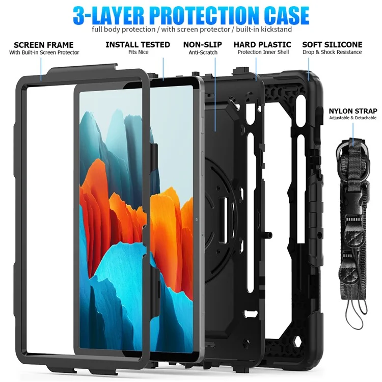 For Samsung Galaxy Tab S7 / S8 [Built-in Hand Holder Strap] 360° Swivel Kickstand PC + Silicone Tablet Hybrid Shell with Shoulder Strap and Pen Slot - All Black-Cellmalls