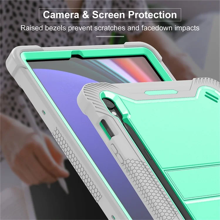 Kickstand Case for Samsung Galaxy Tab S10 FE / S9 FE / S9 Fall Protection Silicone + PC Tablet Cover - Grey+Mint Green-Cellmalls