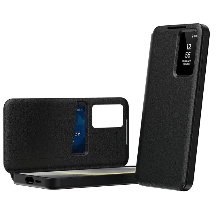For Samsung Galaxy S25 Edge Case with Card Holder Smart View Window Leather Phone Cover - Black-Cellmalls