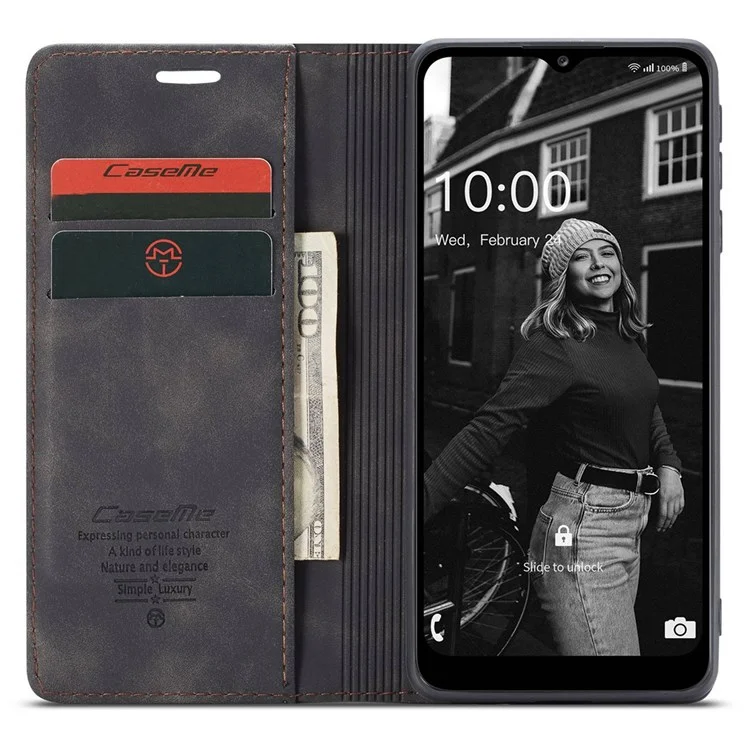 CASEME 013 Series for Samsung Galaxy A02s (166.5x75.9x9.2mm) PU Leather Wallet Case Hidden Magnetic Absorption Stand Feature Flip Cover - Black-Cellmalls