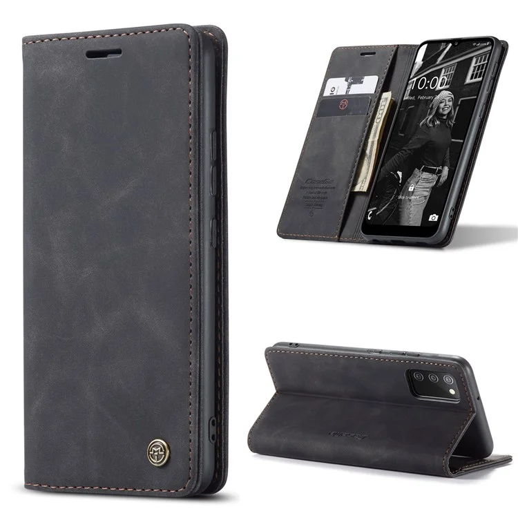 CASEME 013 Series for Samsung Galaxy A02s (166.5x75.9x9.2mm) PU Leather Wallet Case Hidden Magnetic Absorption Stand Feature Flip Cover - Black-Cellmalls