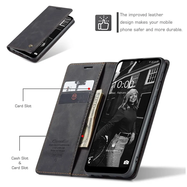 CASEME 013 Series for Samsung Galaxy A02s (166.5x75.9x9.2mm) PU Leather Wallet Case Hidden Magnetic Absorption Stand Feature Flip Cover - Black-Cellmalls