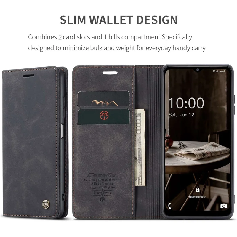 CASEME 013 Series Wallet Design Anti-Drop Magnetic Auto-absorbed PU Leather Flip Folio Phone Case with Stand for Samsung Galaxy A13 5G / A04s 4G (164.7 x 76.7 x 9.1 mm) - Black-Cellmalls