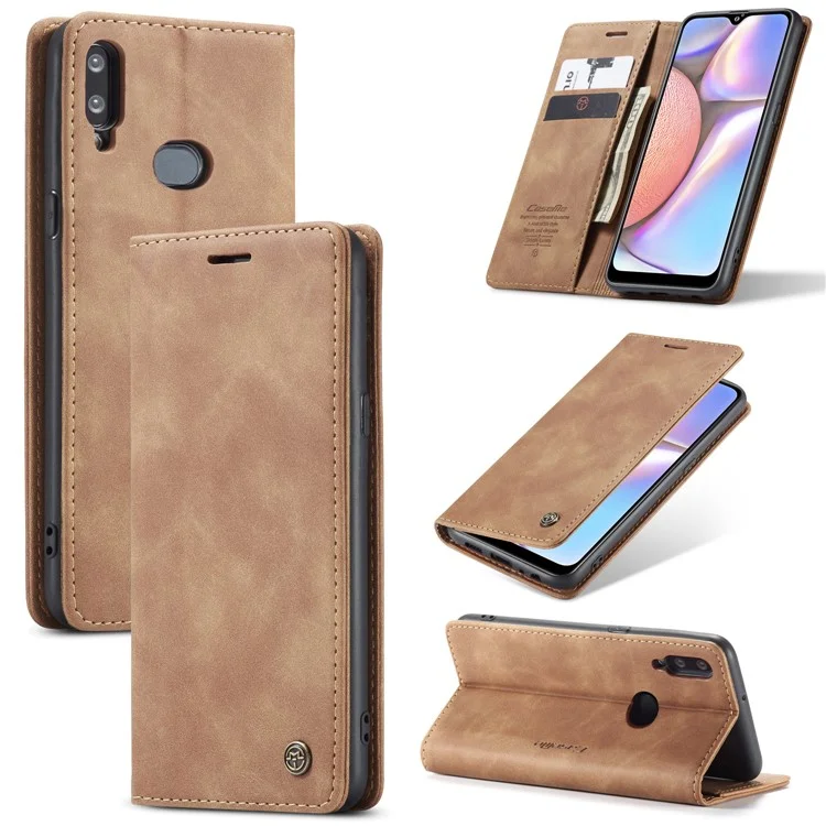 CASEME 013 Series Auto-absorbed Leather Wallet Case with Stand Phone Cover for Samsung Galaxy A10s - Brown-Cellmalls