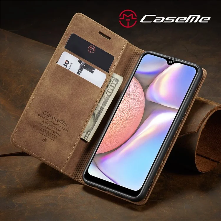 CASEME 013 Series Auto-absorbed Leather Wallet Case with Stand Phone Cover for Samsung Galaxy A10s - Brown-Cellmalls