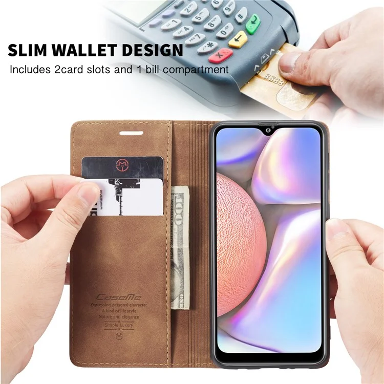 CASEME 013 Series Auto-absorbed Leather Wallet Case with Stand Phone Cover for Samsung Galaxy A10s - Brown-Cellmalls
