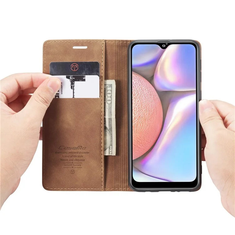 CASEME 013 Series Auto-absorbed Leather Wallet Case with Stand Phone Cover for Samsung Galaxy A10s - Brown-Cellmalls
