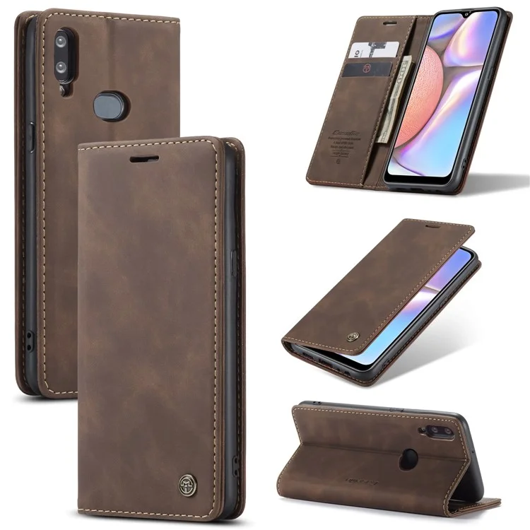 CASEME 013 Series Auto-absorbed Leather Wallet Case with Stand Phone Cover for Samsung Galaxy A10s - Brown-Cellmalls