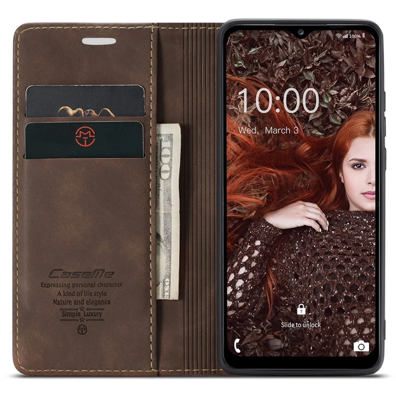 CASEME 013 Series Auto-absorbed Leather Wallet Stand Case Shell for Samsung Galaxy A12 - Coffee-Cellmalls