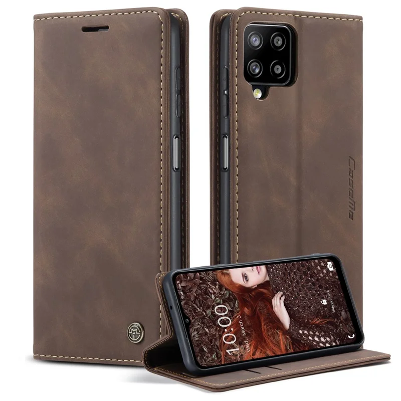 CASEME 013 Series Auto-absorbed Leather Wallet Stand Case Shell for Samsung Galaxy A12 - Coffee-Cellmalls