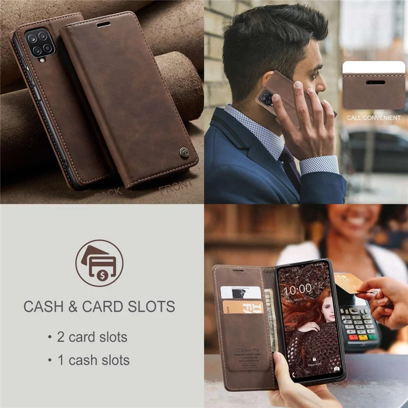CASEME 013 Series Auto-absorbed Leather Wallet Stand Case Shell for Samsung Galaxy A12 - Coffee-Cellmalls