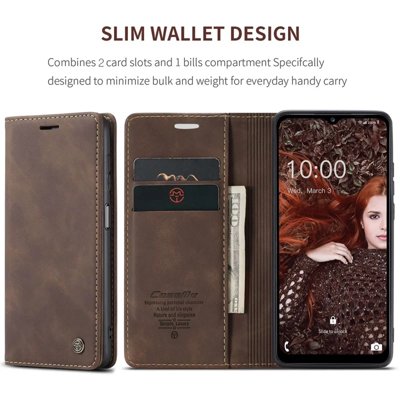 CASEME 013 Series Auto-absorbed Leather Wallet Stand Case Shell for Samsung Galaxy A12 - Coffee-Cellmalls