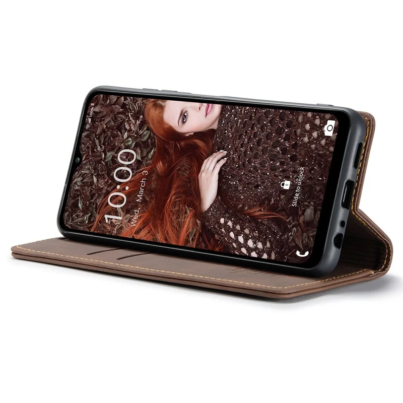 CASEME 013 Series Auto-absorbed Leather Wallet Stand Case Shell for Samsung Galaxy A12 - Coffee-Cellmalls