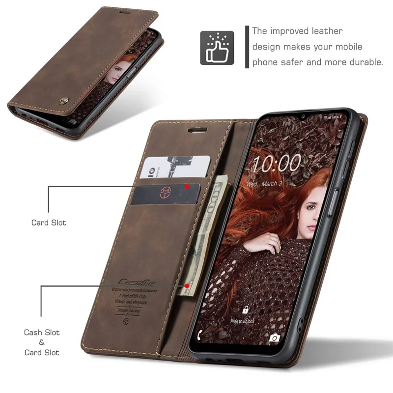 CASEME 013 Series Auto-absorbed Leather Wallet Stand Case Shell for Samsung Galaxy A12 - Coffee-Cellmalls