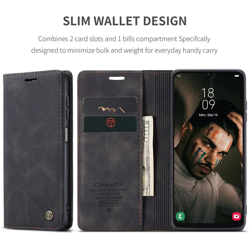 CASEME 013 Series Cell Phone Case Bag for Samsung Galaxy A13 4G, PU Leather Wallet Magnetic Design Card Slots Stand Phone Cover - Black-Cellmalls