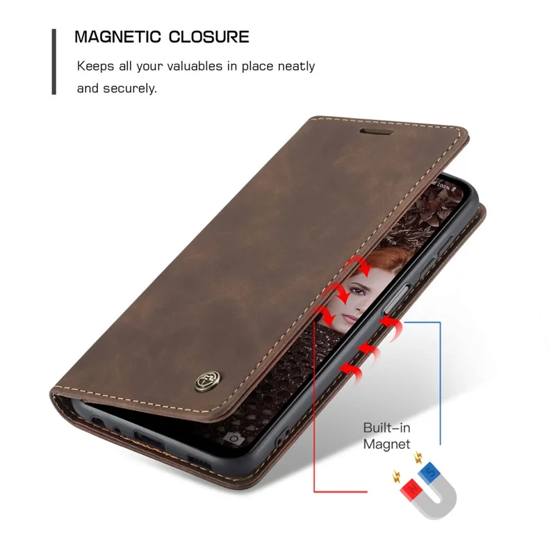 CASEME 013 Series Auto-absorbed Leather Wallet Stand Case Shell for Samsung Galaxy A12 - Coffee-Cellmalls