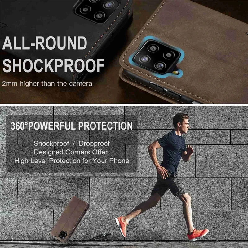 CASEME 013 Series Auto-absorbed Leather Wallet Stand Case Shell for Samsung Galaxy A12 - Coffee-Cellmalls