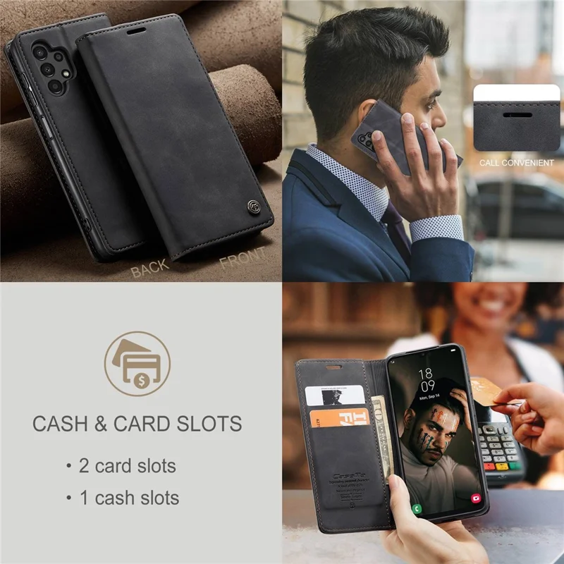 CASEME 013 Series Cell Phone Case Bag for Samsung Galaxy A13 4G, PU Leather Wallet Magnetic Design Card Slots Stand Phone Cover - Black-Cellmalls