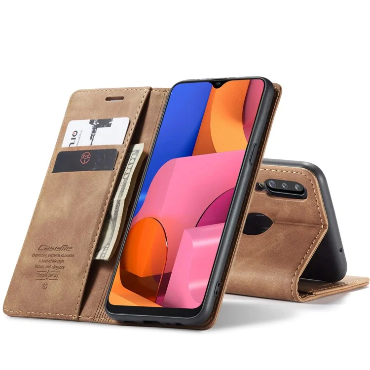 CASEME 013 Series Auto-absorbed Leather Wallet Case with Stand for Samsung Galaxy A20s - Brown-Cellmalls