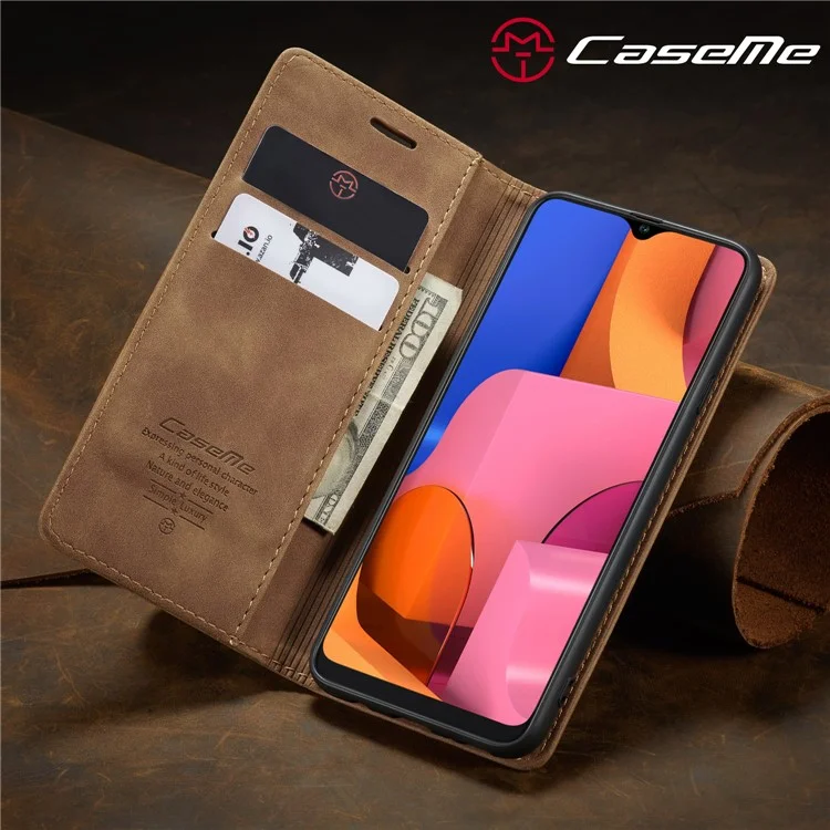 CASEME 013 Series Auto-absorbed Leather Wallet Case with Stand for Samsung Galaxy A20s - Brown-Cellmalls