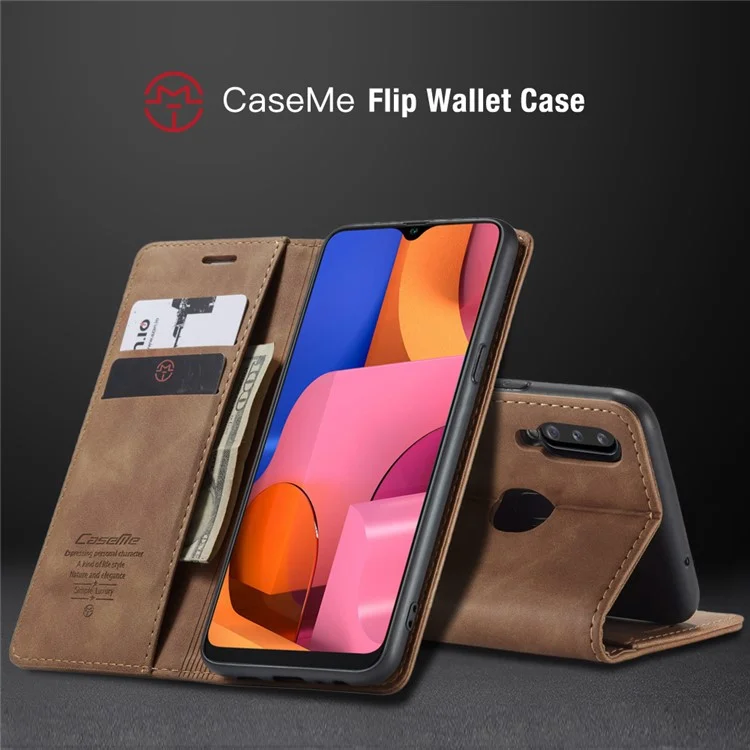 CASEME 013 Series Auto-absorbed Leather Wallet Case with Stand for Samsung Galaxy A20s - Brown-Cellmalls