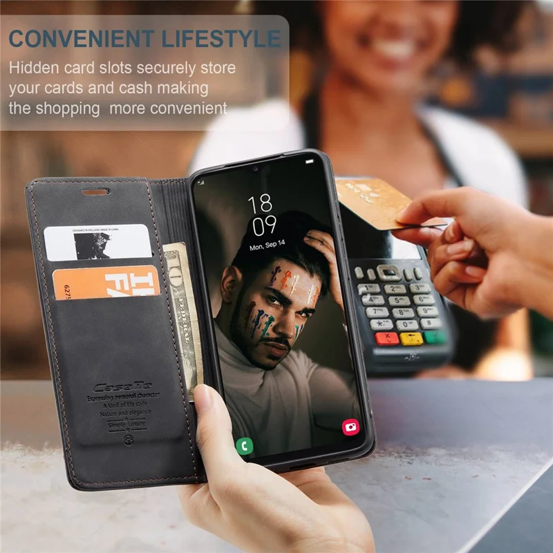 CASEME 013 Series Cell Phone Case Bag for Samsung Galaxy A13 4G, PU Leather Wallet Magnetic Design Card Slots Stand Phone Cover - Black-Cellmalls