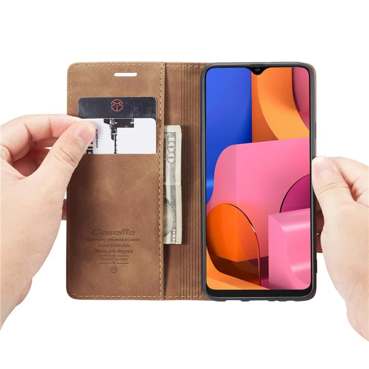 CASEME 013 Series Auto-absorbed Leather Wallet Case with Stand for Samsung Galaxy A20s - Brown-Cellmalls