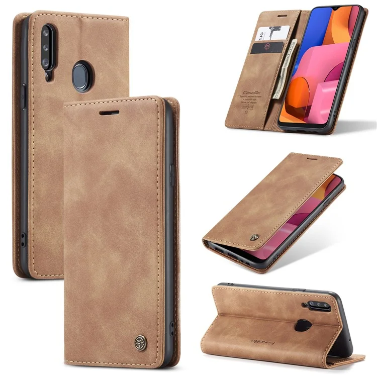 CASEME 013 Series Auto-absorbed Leather Wallet Case with Stand for Samsung Galaxy A20s - Brown-Cellmalls