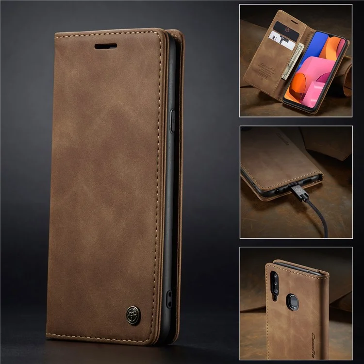 CASEME 013 Series Auto-absorbed Leather Wallet Case with Stand for Samsung Galaxy A20s - Brown-Cellmalls