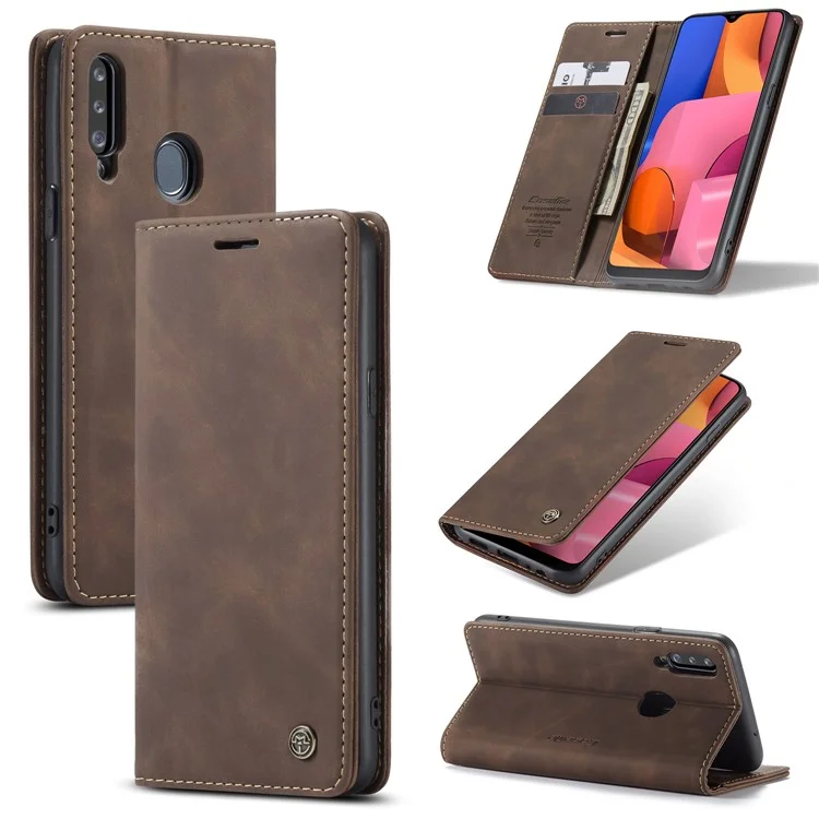 CASEME 013 Series Auto-absorbed Leather Wallet Case with Stand for Samsung Galaxy A20s - Brown-Cellmalls