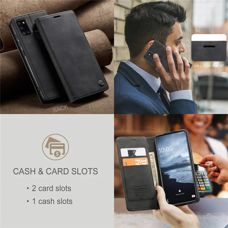 CASEME 013 Series Auto-absorbed Leather Shell Protection Wallet Case for Samsung Galaxy A21s - Black-Cellmalls