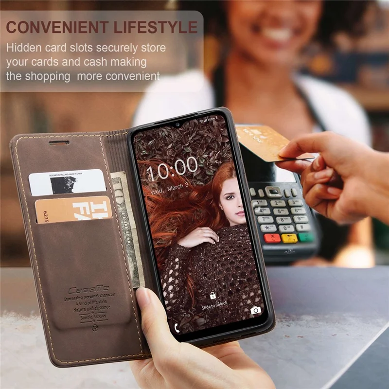 CASEME 013 Series Auto-absorbed Leather Wallet Stand Case Shell for Samsung Galaxy A12 - Coffee-Cellmalls