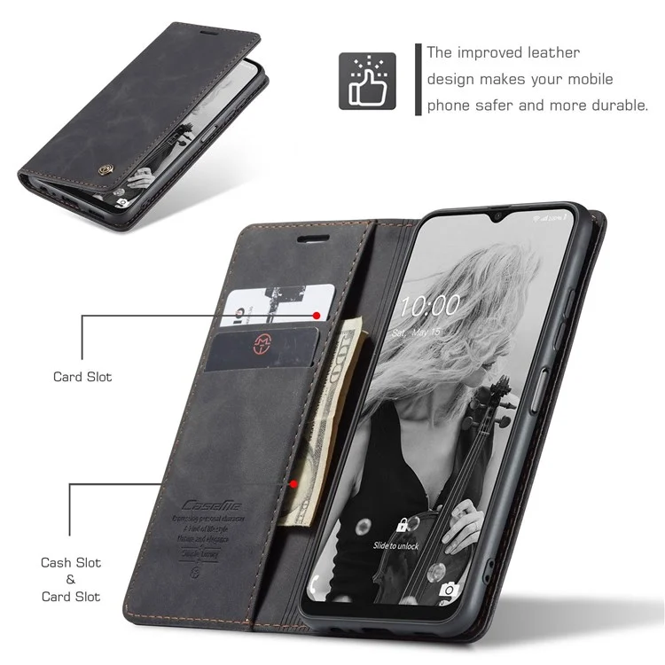 CASEME 013 Series Dustproof Phone Case for Samsung Galaxy A22 5G (EU Version), Auto-absorbed PU Leather+TPU Wallet Foldable Stand Cell Phone Cover - Black-Cellmalls