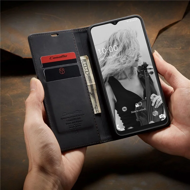 CASEME 013 Series Dustproof Phone Case for Samsung Galaxy A22 5G (EU Version), Auto-absorbed PU Leather+TPU Wallet Foldable Stand Cell Phone Cover - Black-Cellmalls