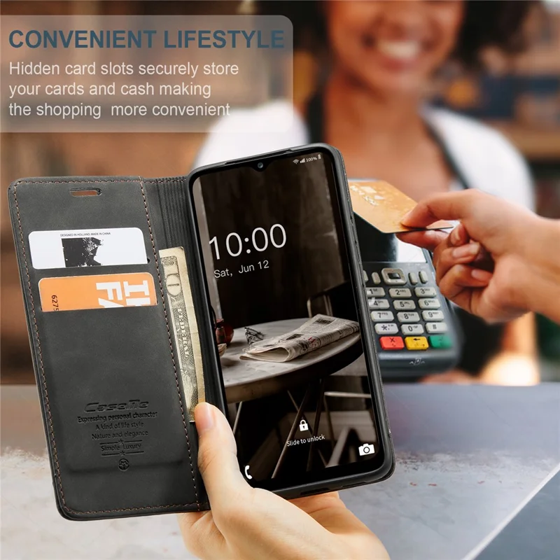 CASEME 013 Series Phone Shell for Samsung Galaxy A24 4G (162.1 x 77.6 x 8.3mm) PU Leather Case Wallet Stand Flip Cover - Black-Cellmalls