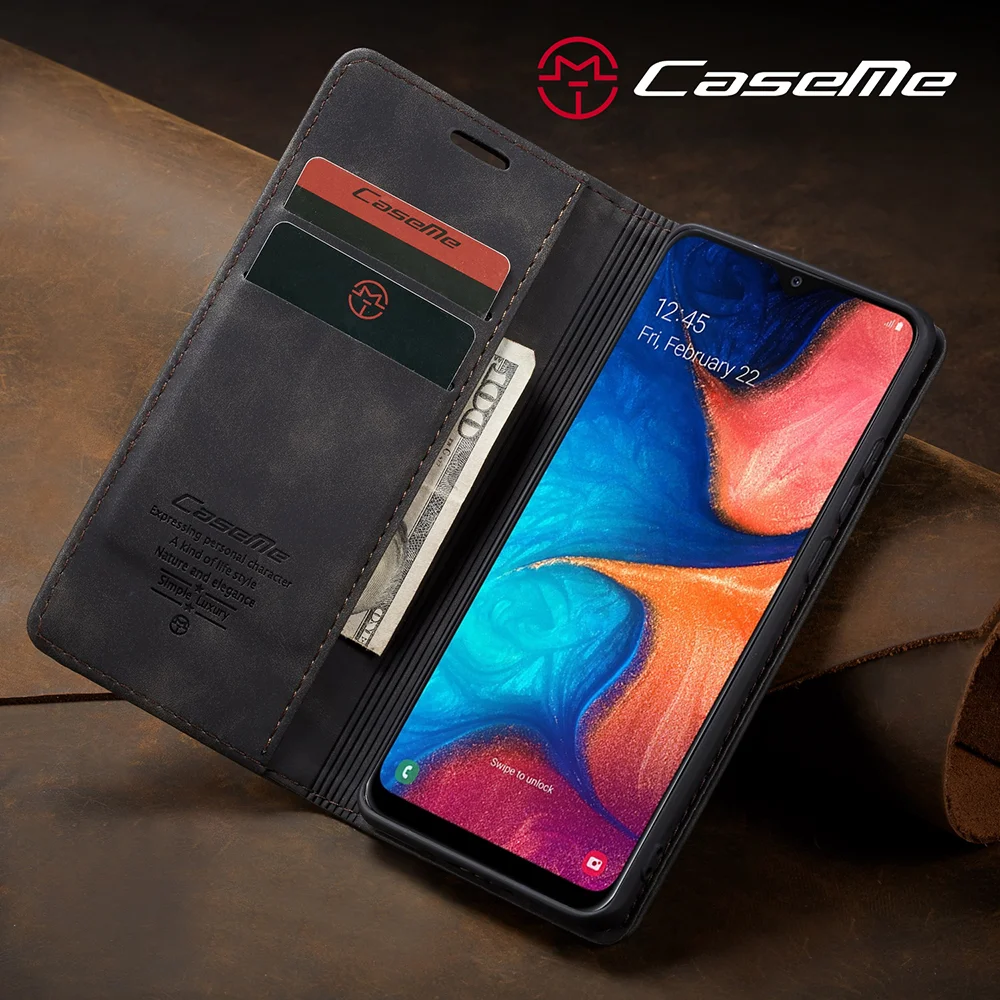 CASEME 013 Series Auto-absorbed Leather Flip Wallet Case for Samsung Galaxy A20e - Black-Cellmalls